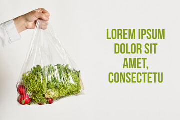 Woman holds plastic bag with fresh vegetables over white background with Lorem ipsum text. Hand of...