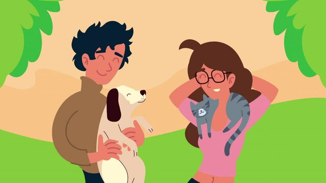 couple with dog and cat mascots characters