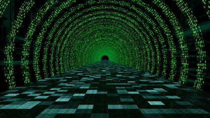 A tunnel made by arcs of green bits 0 and 1 that surround an abstract floor made of light blue squares with different transparency and light intensity (3d render)