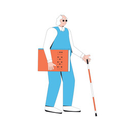 Blind man with stick and book. Person with disability have a braille book.