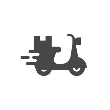 Motor Scooter And Delivery Box Vector Icon. Fast Delivery Black Symbol.