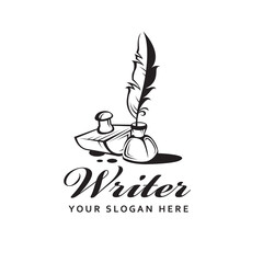 writer icon with feather pen, inkwell and ink drops isolated on white background