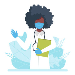 Female doctor wearing a medical mask and gloves. Coronavirus COVID-19 prevention concept. Vector illustration in flat style