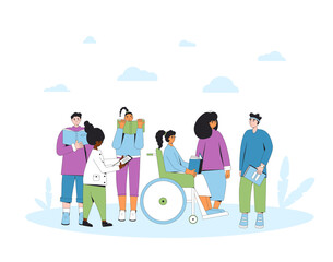 Group of teenagers with books. Reading club meeting or swap, fair event. Literature fans. Books lovers.