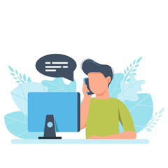 Secretary man sitting at a desk responding to a call. Vector illustration in flat style