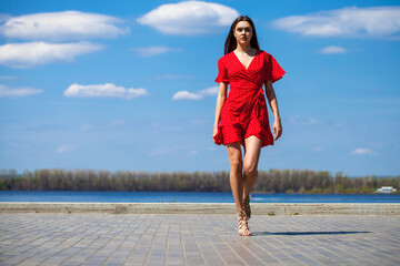 Portrait of a young beautiful woman in red dress