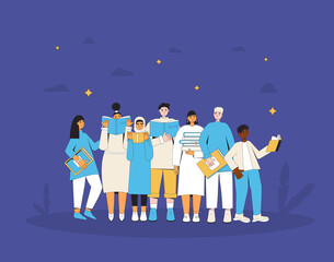 People with books. Young adults reading at night. Literature fan. Books lover. Vector illustration