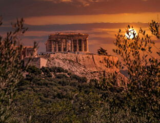 Greece, scenic view of Parthenon on Acropolis of Athens during sunrise