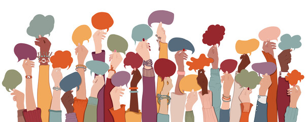 Many arms and hands holding speech bubble. Agreement or affair between a group of multiethnic colleagues or collaborators.Diversity People who sharing information.Co-workers.Community - obrazy, fototapety, plakaty