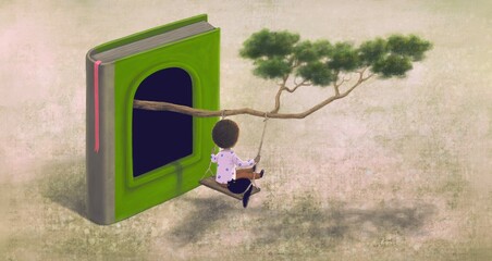 Concept art education, imagination, fantasy painting, surreal artwork, happiness of child , conceptual 3d illustration, A boy with the tree from the book