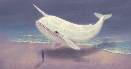 Surreal art, fantasy painting, Man with floating whale and the sea, conceptual illustration, imagination concept artwork © Jorm Sangsorn