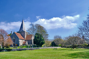 Fototapeta na wymiar St Andrew's church known as the 'Cathedral of the Downs'. The parish church of Alfriston, East Sussex, England. A Grade I listed building built in the 1370s. 