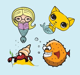 Cute cat, dog mermaids, fishes, whales in the sea vector doodle illustration cards for kids