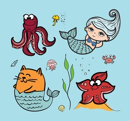 Cute cat, dog mermaids, fishes, whales in the sea vector doodle illustration cards for kids