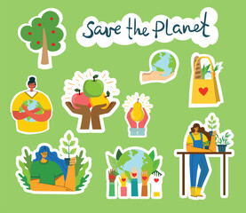 Set of eco save environment pictures. People taking care of planet collage. Zero waste, think green, save the planet, our home hand written text