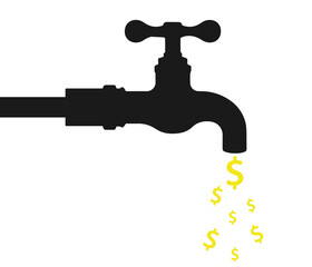 Dollars flow from the faucet. Efficient money transfer concept.