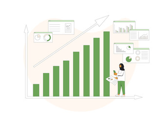 Investment concept. Young woman with stock market growing chart. Vector  line art illustration.