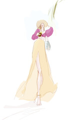 Young happy woman on summer vacation. Fashion illustration in sketch style. Vector