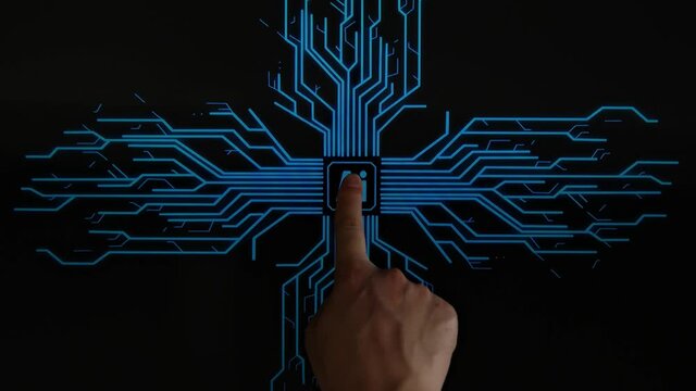 top view, Human Finger Pushes Touch Ai With Futuristic Artificial Intelligence Spreading Through Internet. Visualization Of Machine Learning, Computer Technology, Neural Network
