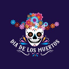 Dia de los Muertos greeting card with smiling skull and mexican flowers. Day of the dead design template in flat style. Vector illustration. Mexican holiday background, banner, poster, invitation etc