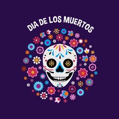 Dia de los Muertos greeting card with smiling skull and mexican flowers. Day of the dead design template in flat style. Vector illustration. Mexican holiday background, banner, poster, invitation etc