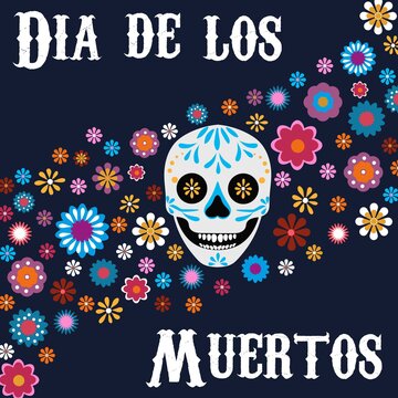 Day of the dead flat style background with happy skull and flowers. Dia de los Muertos mexican holiday concept. Colorful design template for fiesta, holiday, banner, flyer, card. Vector illustration