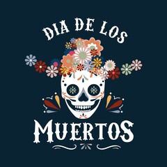 Dia de los Muertos greeting card with smiling skull in hat and flowers. Day of the dead design template in flat style. Vector illustration. Mexican holiday background, banner, poster, invitation etc