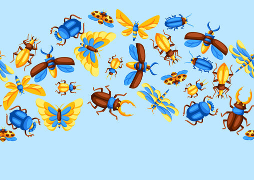 Seamless pattern with insects. Stylized butterflies, beetles and dragonflies.