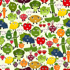 Seamless vector pattern with characters of vegetables and fruits on a light background.