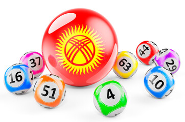 Lotto balls with Kyrgyz flag. Lottery in Kyrgyzstan concept, 3D rendering