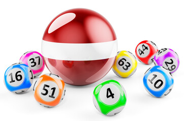 Lotto balls with Latvian flag. Lottery in Latvia concept, 3D rendering