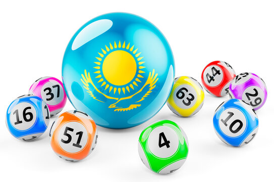 Lotto balls with Kazakh flag. Lottery in Kazakhstan concept, 3D rendering