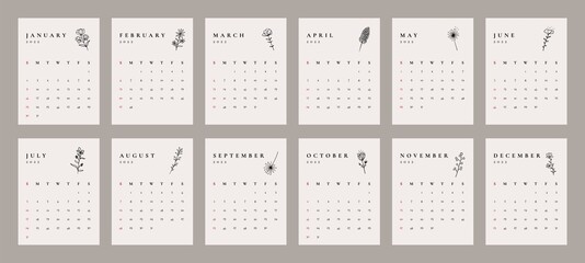 Abstract 2022 calendar design. Botanical doodle calendar planner minimal style, floral annual organizer. Vector illustration - obrazy, fototapety, plakaty