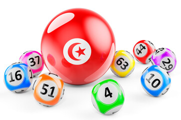 Lotto balls with Tunisian flag. Lottery in Tunisia concept, 3D rendering