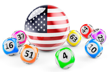 Lotto balls with The United States flag. Lottery in the USA concept, 3D rendering