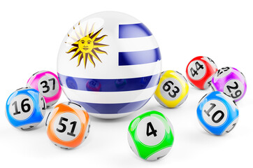 Lotto balls with Uruguayan flag. Lottery in Uruguay concept, 3D rendering