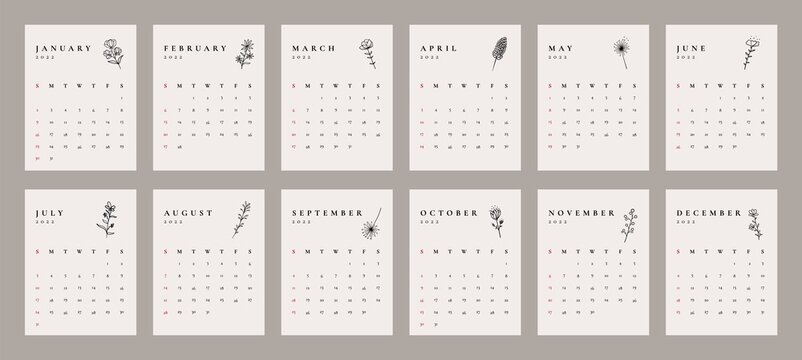 Abstract 2022 Calendar Design. Botanical Doodle Calendar Planner Minimal Style, Floral Annual Organizer. Vector Illustration