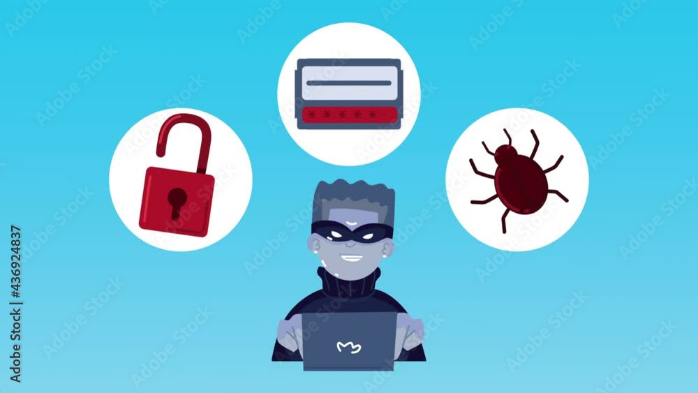 Poster hacker using laptop and cyber crime icons