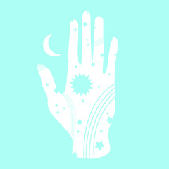 Hand with drawings of stars, the moon and the sun. Attributes of yoga. Mandala. Logo for wellness spa