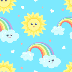 Baby seamless pattern with cute sun, rainbow and clouds. Cartoon blue sky. Children's background. Vector illustration in flat style.