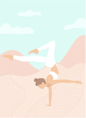 Girl doing yoga on the nature. Vector illustration in flat style. Young woman meditating flat design poster