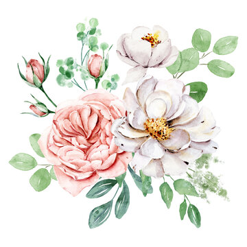 Pink and white flowers, leaves watercolor floral clip art. Bouquet perfectly for printing design on invitations, cards, wall art and other. Isolated on white background. Hand painting.