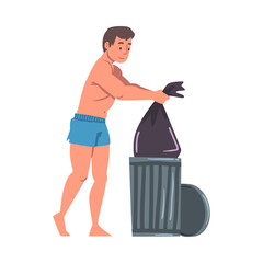 Young Man in Swimwear Collecting Trash Outdoors, Pollution of Nature, Ecology Protection Concept Cartoon Vector Illustration