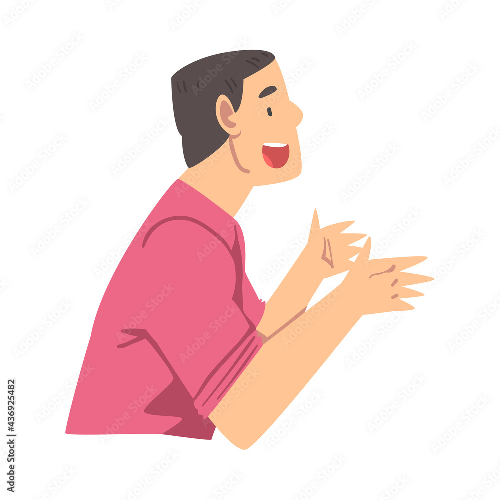 Sticker Side View of Cheerful Guy Talking and Gesturing, Man Communicating, Discussing Latest News or Gossiping Cartoon Vector Illustration