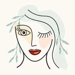 Line art portrait of a girl. Bright lips, expressive eyes, kind look. Abstract portrait of a cute woman in gentle colors. Illustration for decoration, prints on clothes, interior design. Vector trends