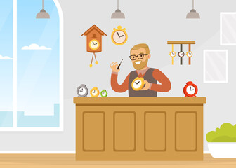 Male Watchmaker Repairing Watches, Craft Hobby or Profession Vector Illustration