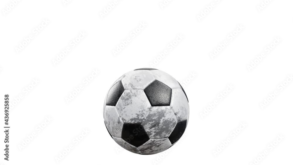 Poster realistic 3d animation of the grungy textured soccer ball rolls in and out of the camera rendered in