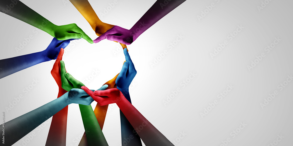 Aufkleber hand heart community and diverse unity and diversity partnership as hands in a group of different pe