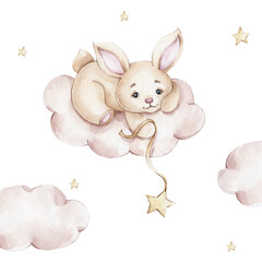Obraz na płótnie Canvas Cartoon little bunny with star; watercolor hand drawn illustration; can be used for baby shower or postcard; with white isolated background
