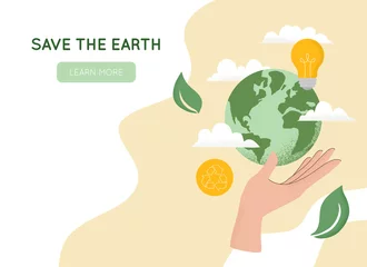 Foto op Canvas Vector illustration of human hand holding Earth globe, Recycle icon, light bulb, leaves and clouds. Concept of World Environment Day, Save the Earth, sustainability, ecological zero waste lifestyle © eireenz